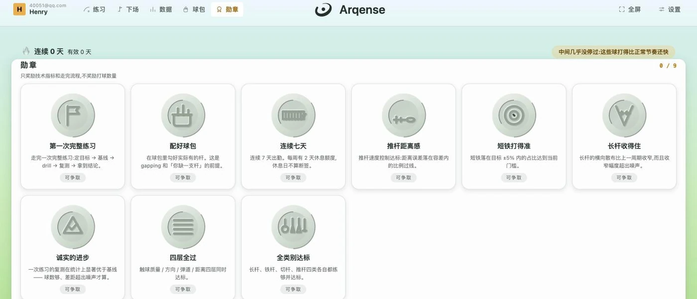 The Arqense badge wall: each badge with the criterion it is earned against written underneath